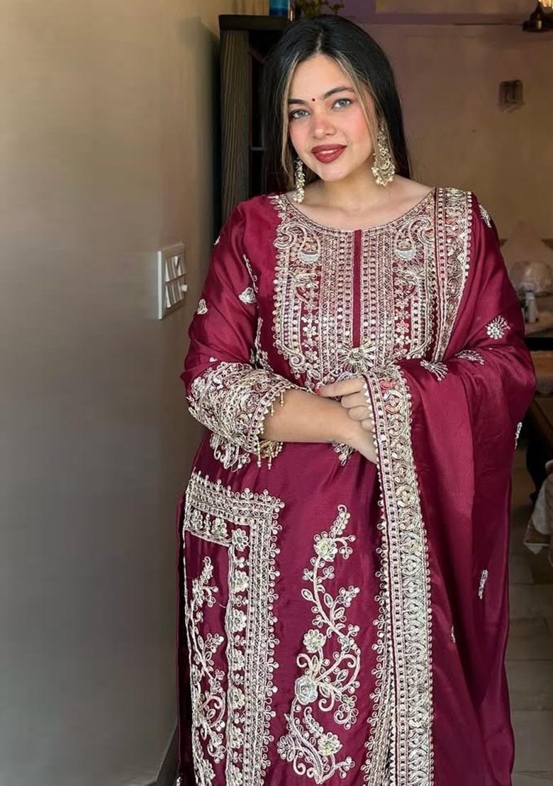 Maroon Embroidered Chinon Pakistani Salwar Kameez
