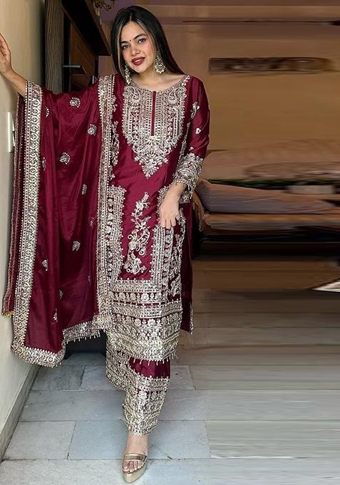 Maroon Embroidered Chinon Pakistani Salwar Kameez