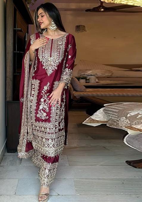 Maroon Embroidered Chinon Pakistani Salwar Kameez