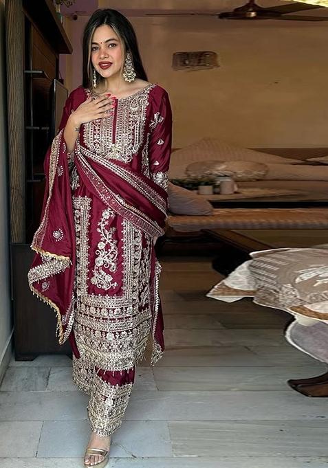 Maroon Embroidered Chinon Pakistani Salwar Kameez
