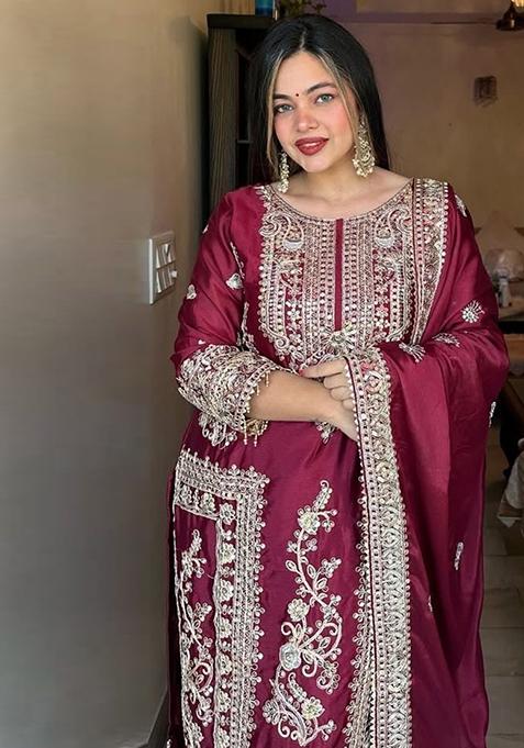 Maroon Embroidered Chinon Pakistani Salwar Kameez
