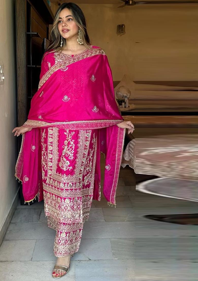 Pink Embroidered Chinon Pakistani Salwar Kameez