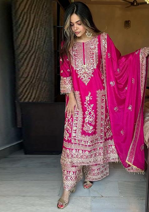 Pink Embroidered Chinon Pakistani Salwar Kameez