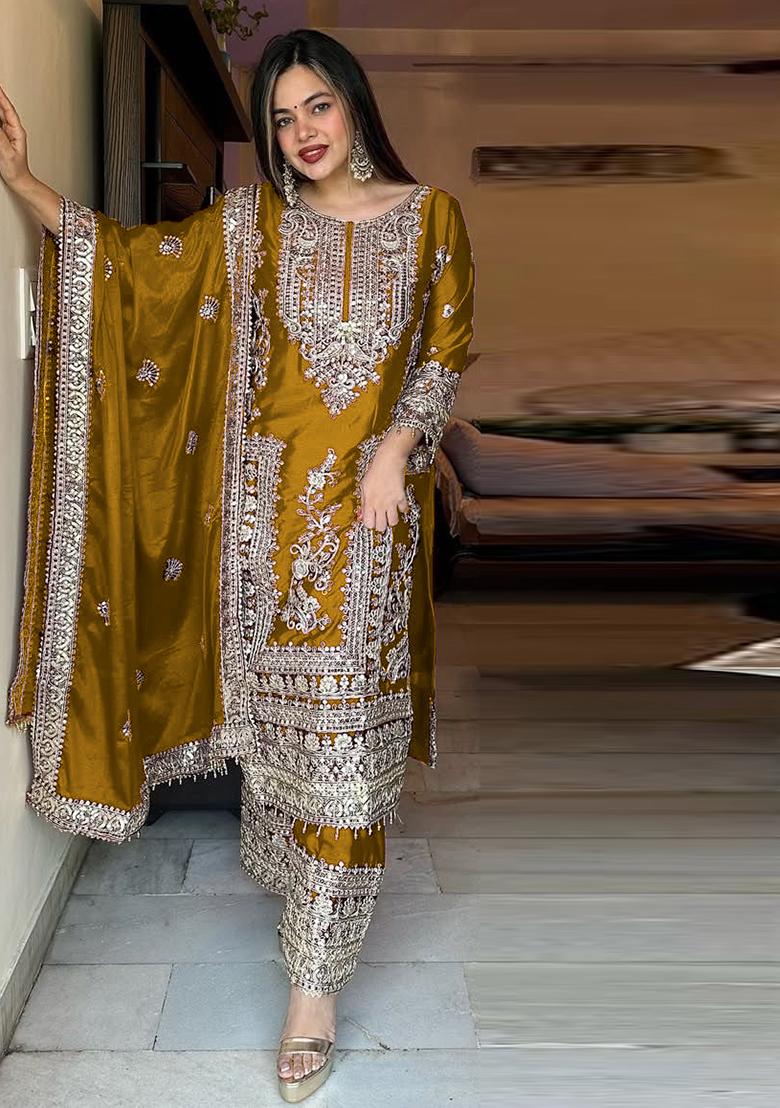 Yellow Embroidered Chinon Pakistani Salwar Kameez