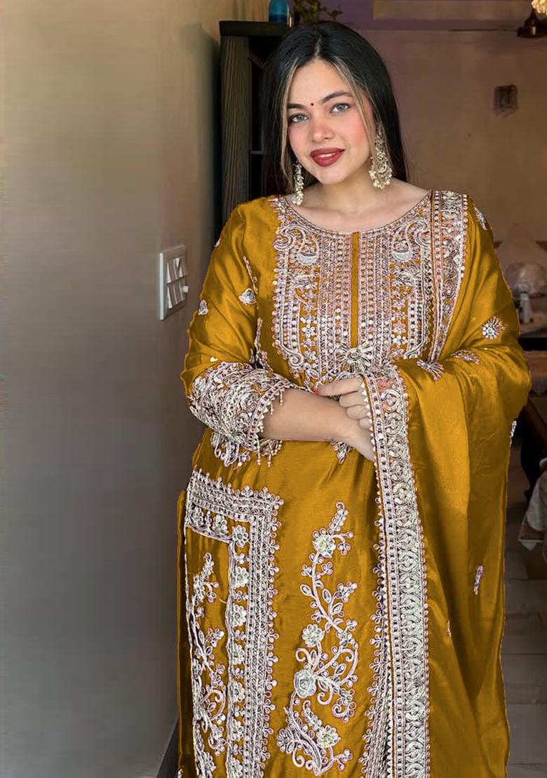 Yellow Embroidered Chinon Pakistani Salwar Kameez