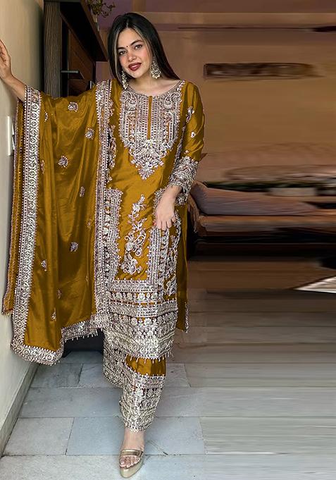 Yellow Embroidered Chinon Pakistani Salwar Kameez