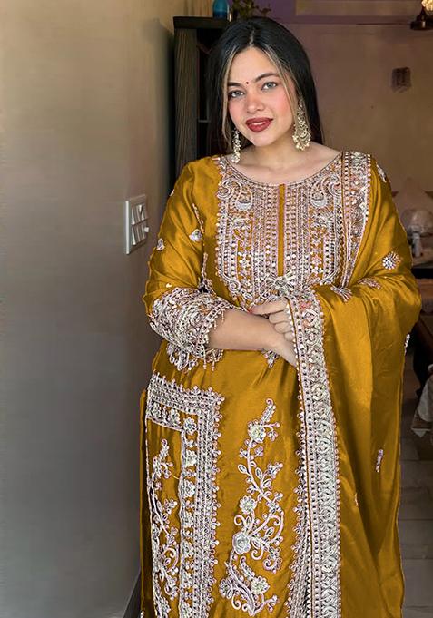 Yellow Embroidered Chinon Pakistani Salwar Kameez