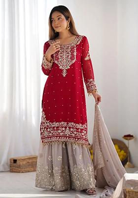 Red Embroidered Georgette Sharara Set