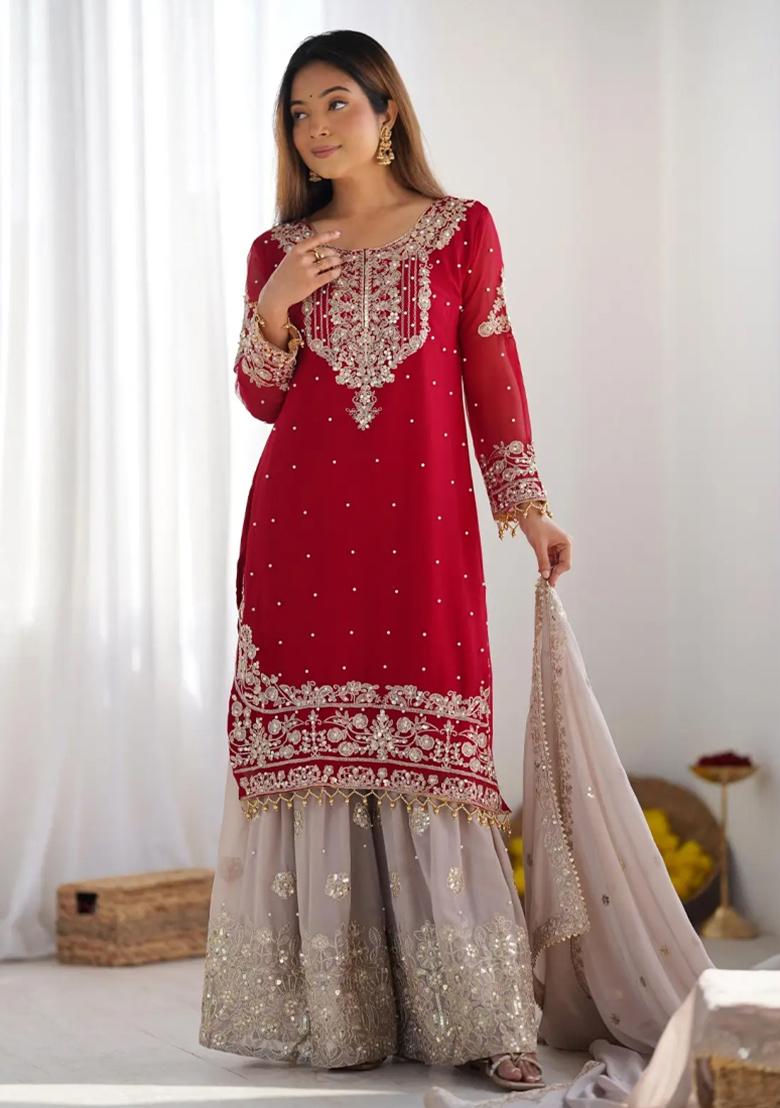 Red Embroidered Georgette Sharara Set