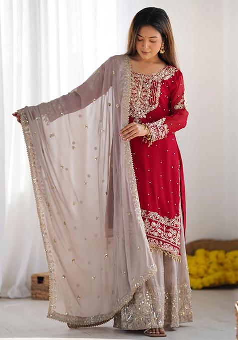 Red Embroidered Georgette Sharara Set