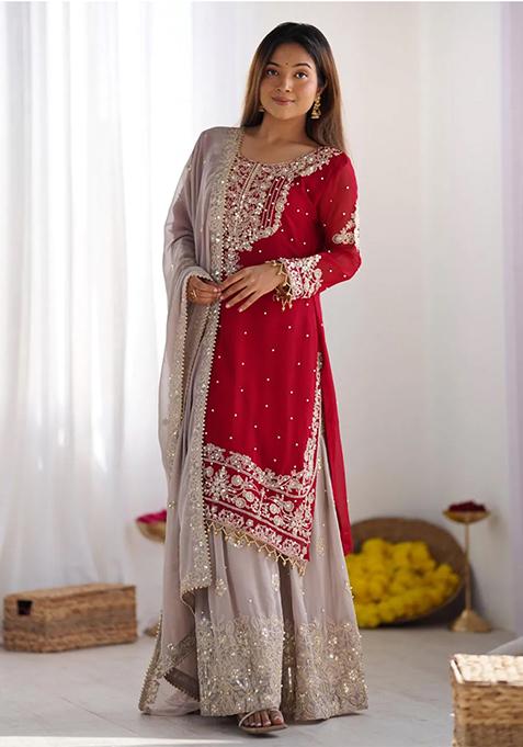 Red Embroidered Georgette Sharara Set