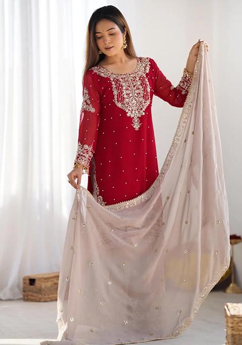Red Embroidered Georgette Sharara Set
