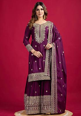 Purple Embroidered Chinon Palazzo Set