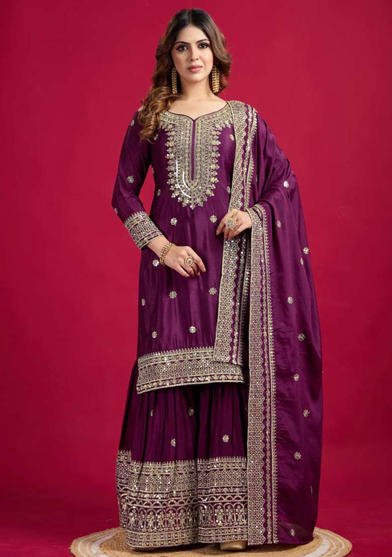 Purple Embroidered Chinon Palazzo Set - Indya
