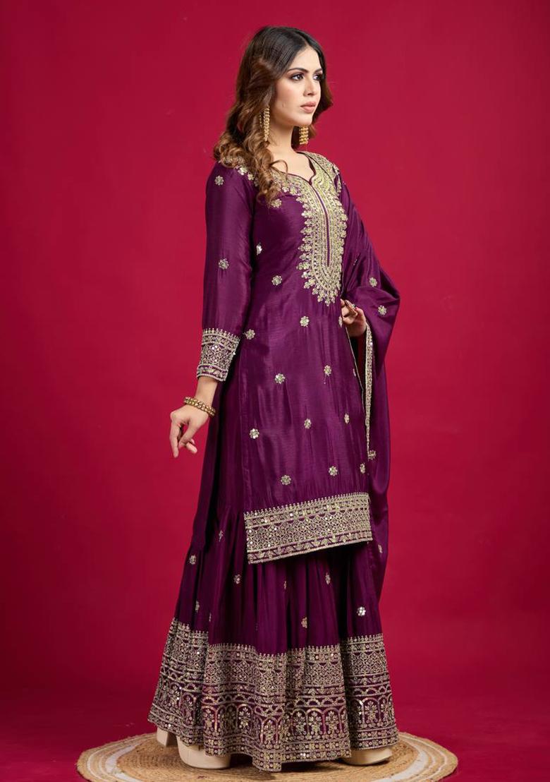 Purple Embroidered Chinon Palazzo Set