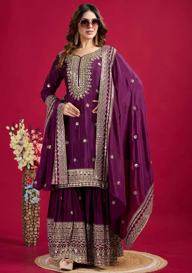 Purple Embroidered Chinon Palazzo Set - Indya