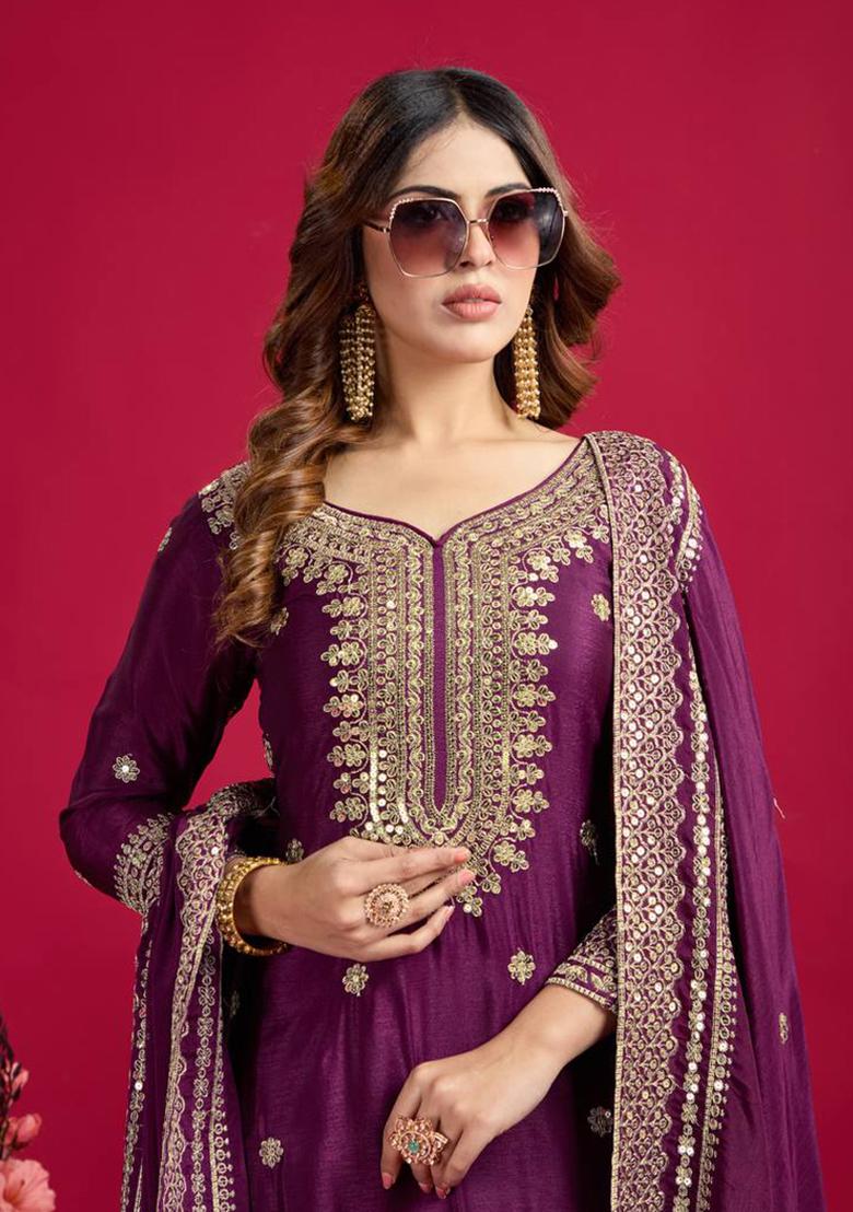 Purple Embroidered Chinon Palazzo Set