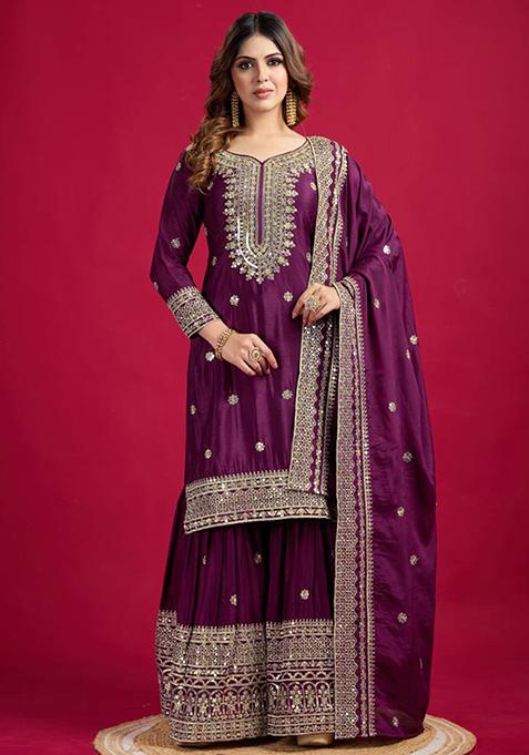 Purple Embroidered Chinon Palazzo Set
