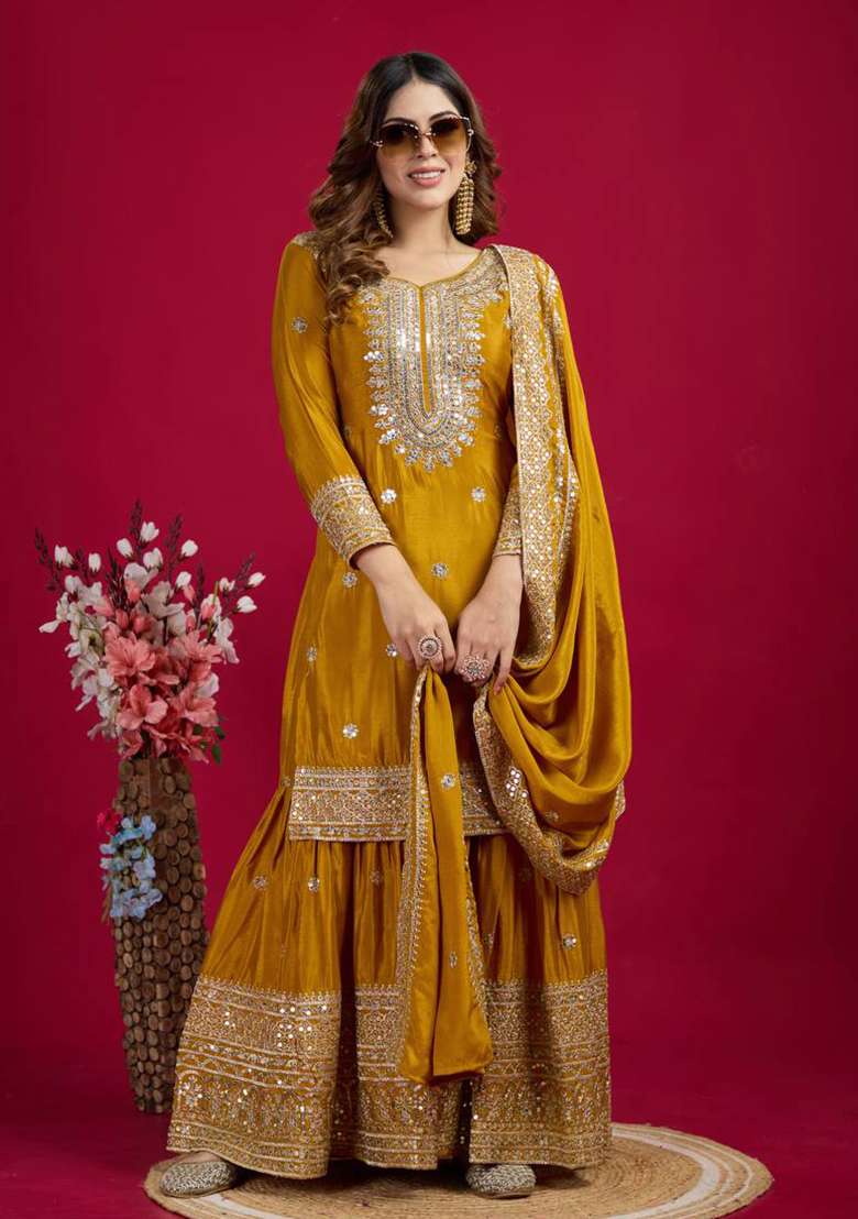 Yellow Embroidered Chinon Palazzo Set - Indya