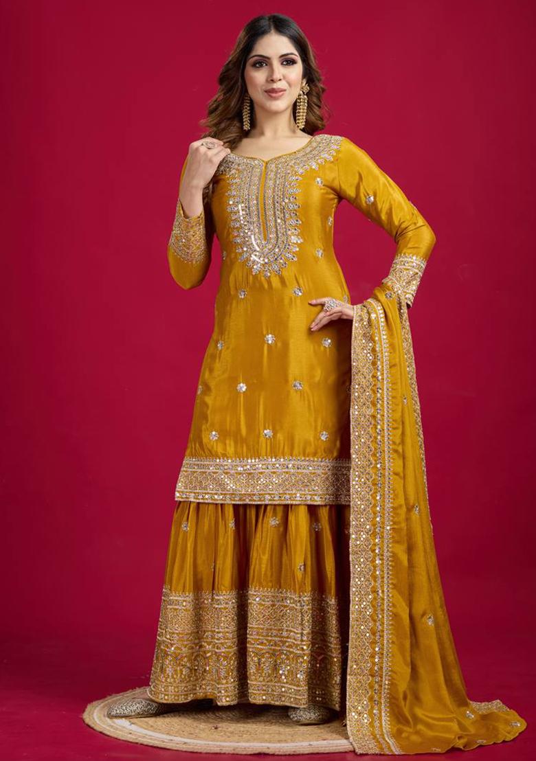 Yellow Embroidered Chinon Palazzo Set