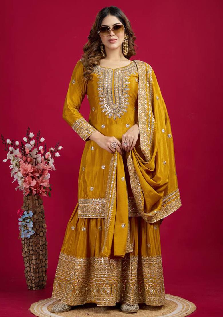Yellow Embroidered Chinon Palazzo Set