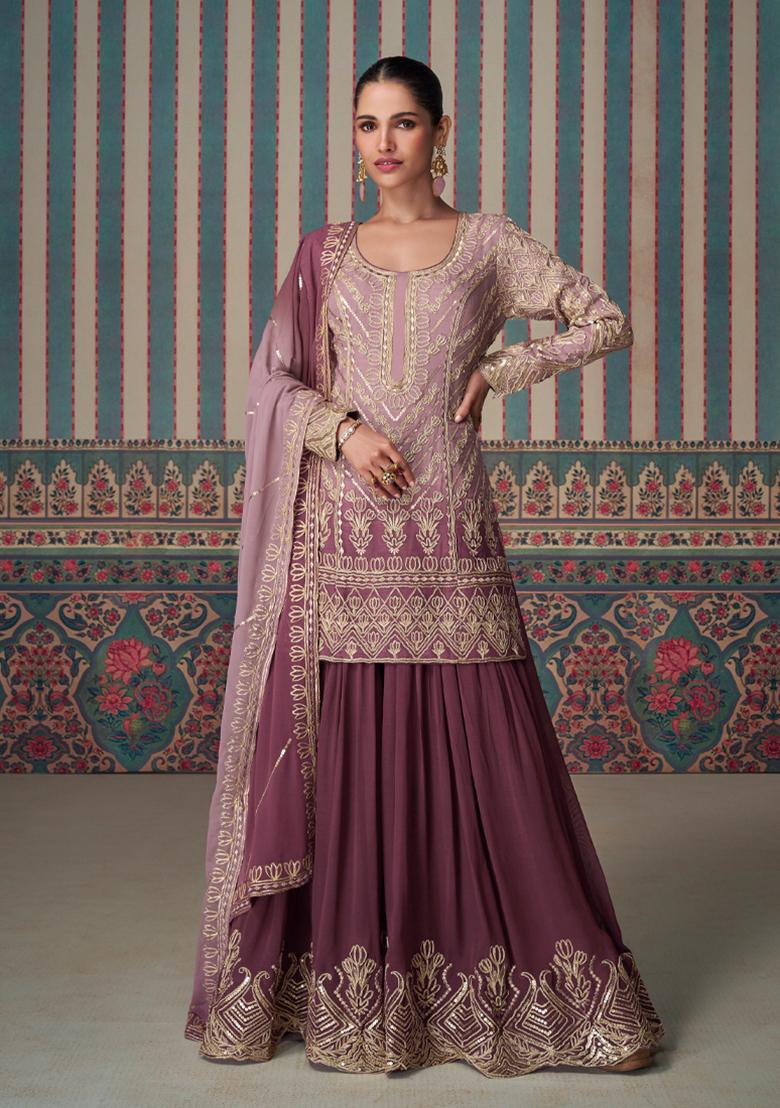 Pink Embroidered Georgette Palazzo Set