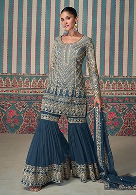 Blue Embroidered Georgette Palazzo Set