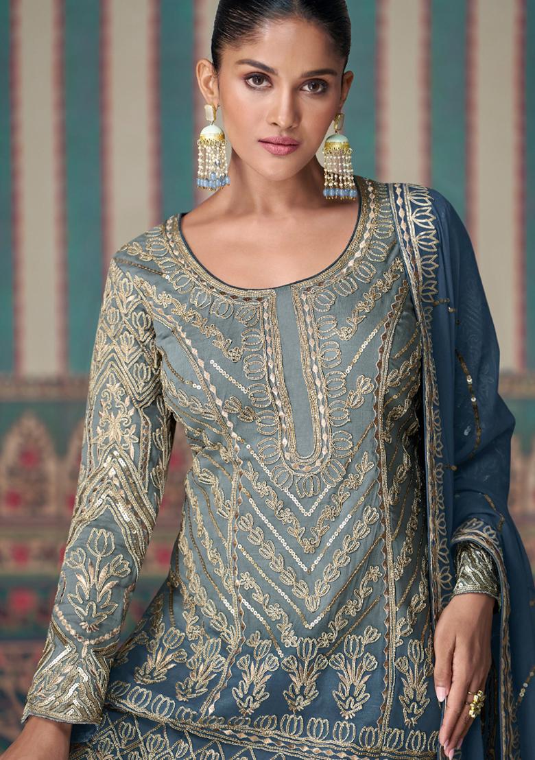 Blue Embroidered Georgette Palazzo Set