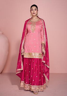 Pink Embroidered Chinon Palazzo Set