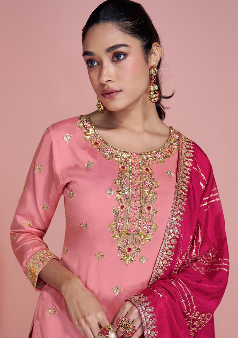 Pink Embroidered Chinon Palazzo Set