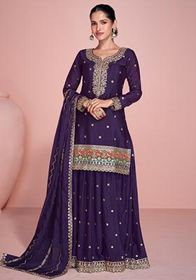 Purple Embroidered Chinon Palazzo Set