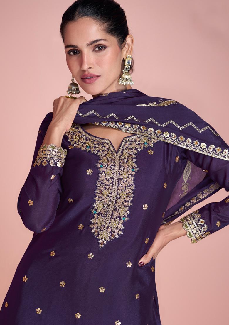 Purple Embroidered Chinon Palazzo Set