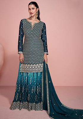 Blue Embroidered Chinon Palazzo Set