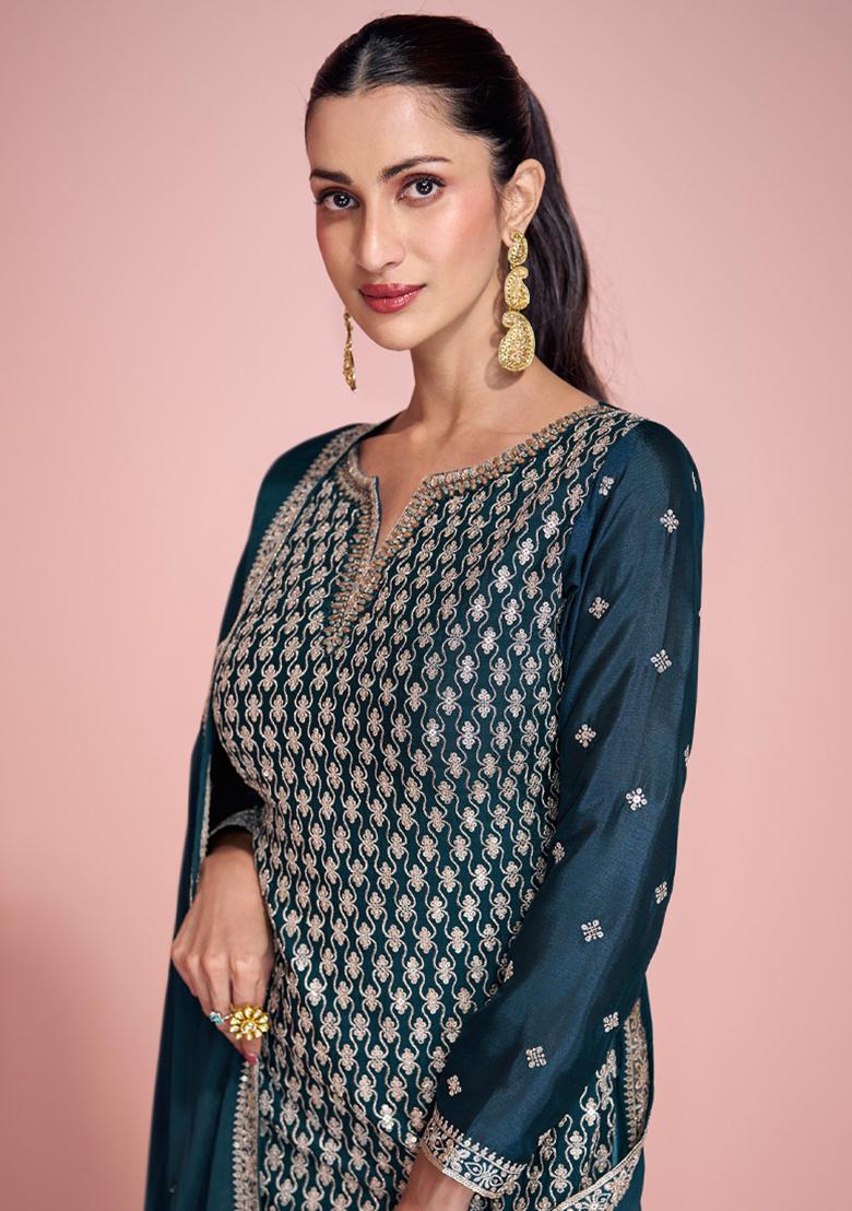 Blue Embroidered Chinon Palazzo Set