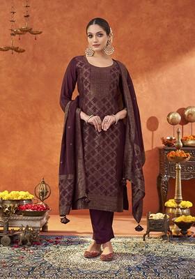 Burgundy Embroidered Muslin Salwar Kameez With Dupatta