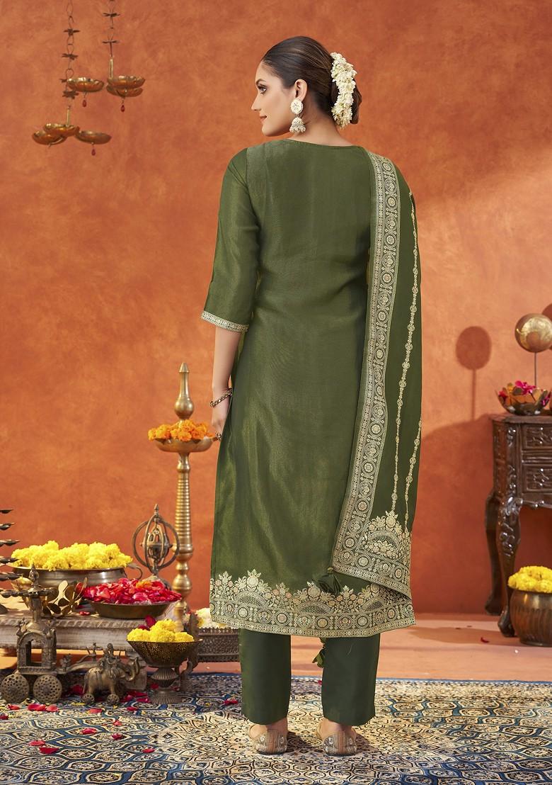 Green Woven Poly Blend Salwar Kameez With Dupatta