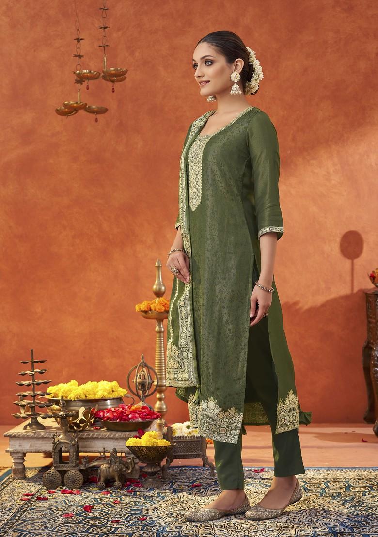 Green Woven Poly Blend Salwar Kameez With Dupatta