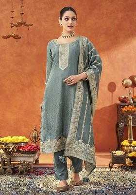 Grey Woven Poly Blend Salwar Kameez With Dupatta
