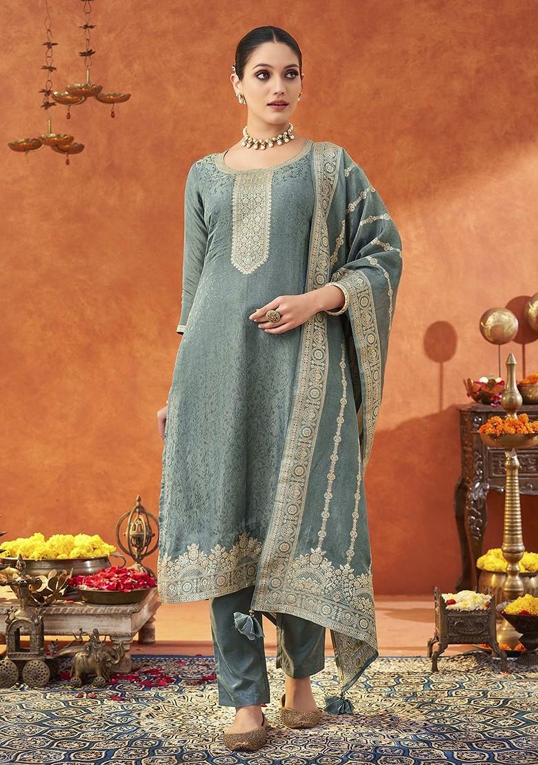 Grey Woven Poly Blend Salwar Kameez With Dupatta