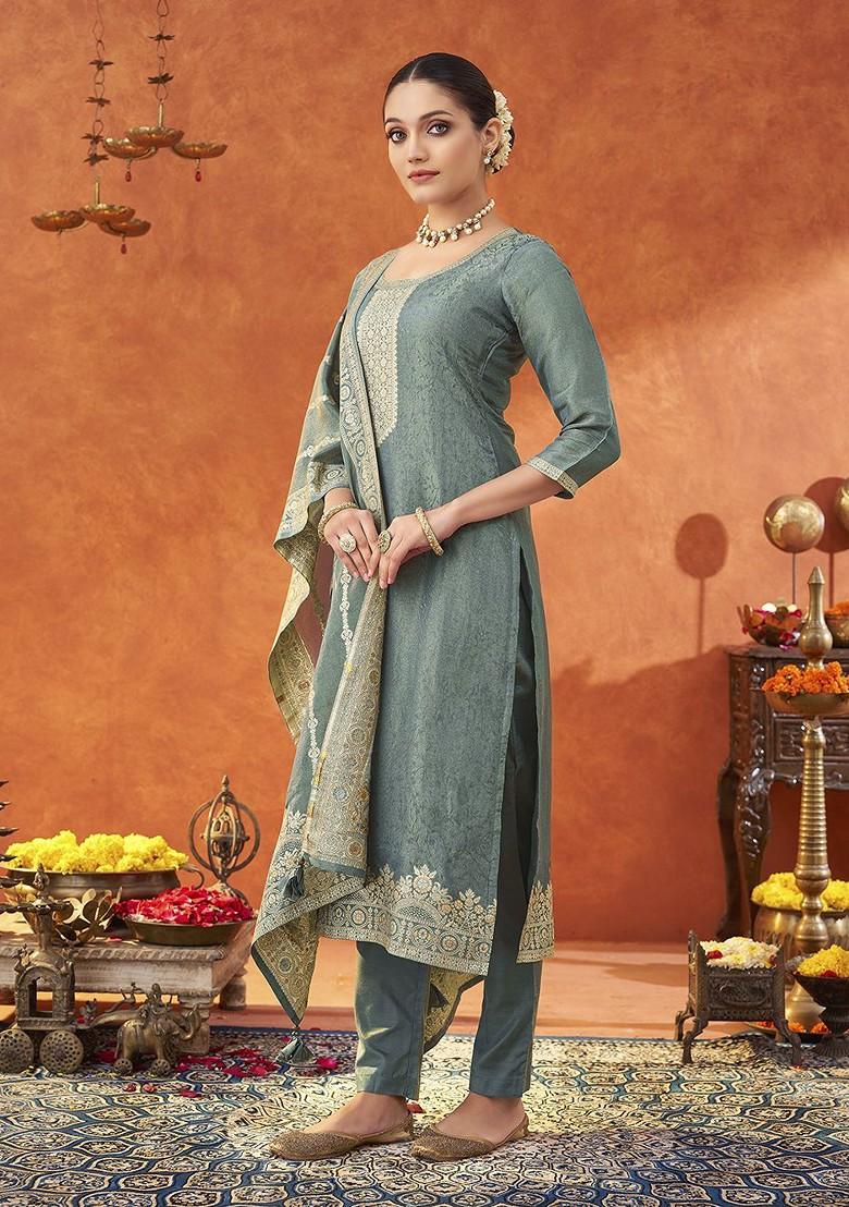 Grey Woven Poly Blend Salwar Kameez With Dupatta