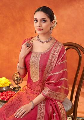 Pink Woven Jacquard Salwar Kameez With Dupatta