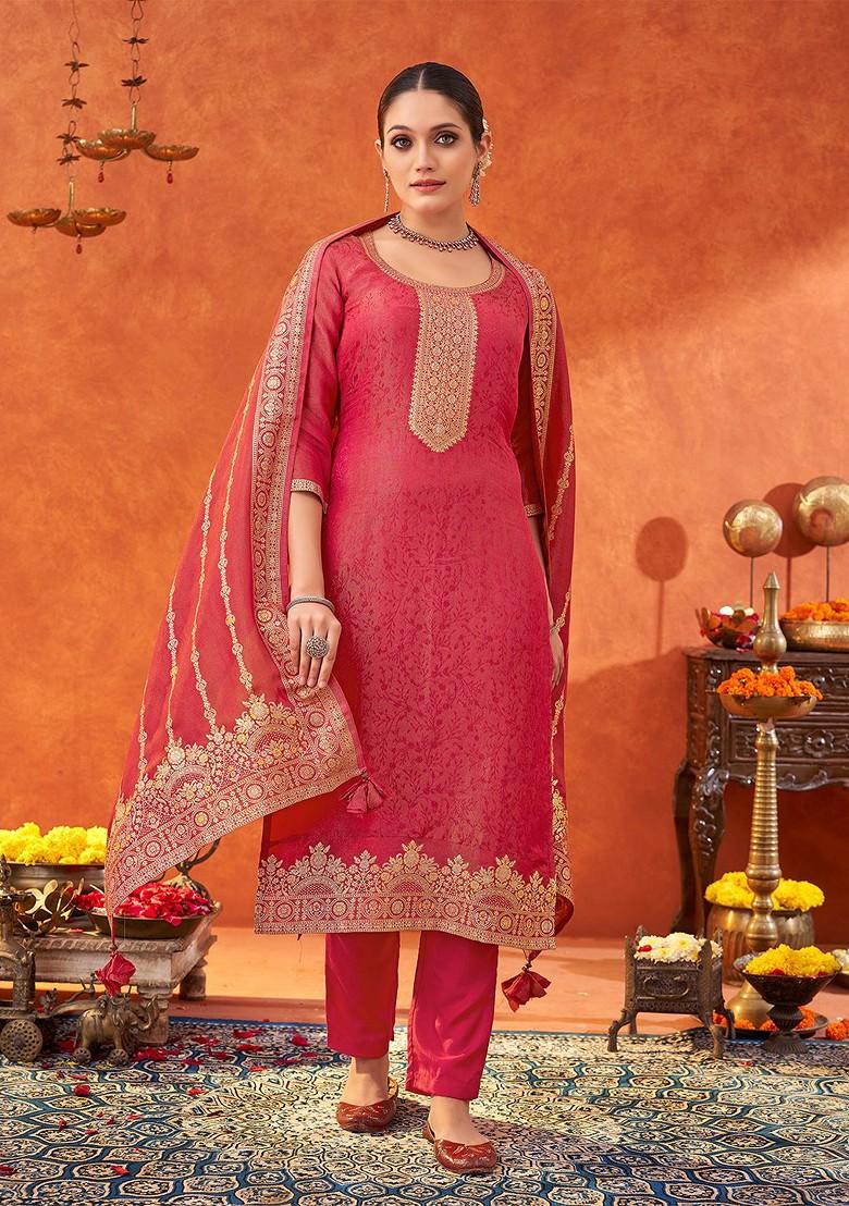 Pink Woven Jacquard Salwar Kameez With Dupatta