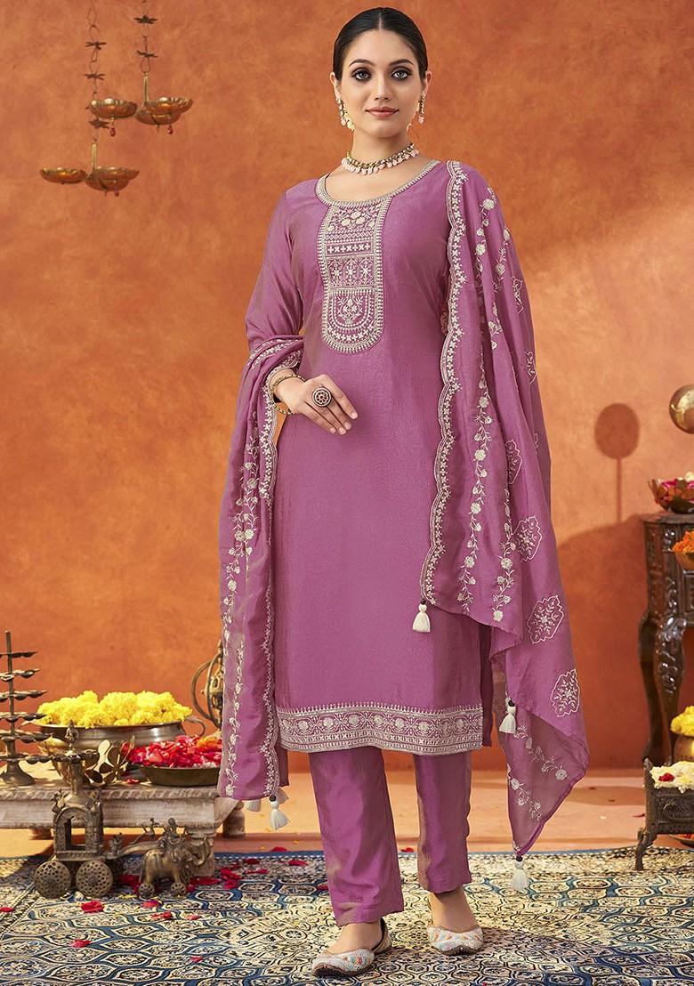 Pink Floral Embroidered Poly Blend Salwar Kameez With Dupatta
