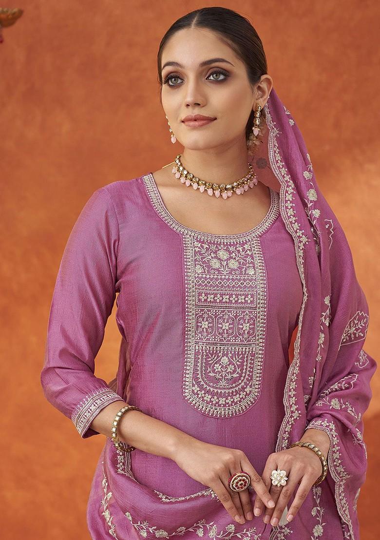 Pink Floral Embroidered Poly Blend Salwar Kameez With Dupatta