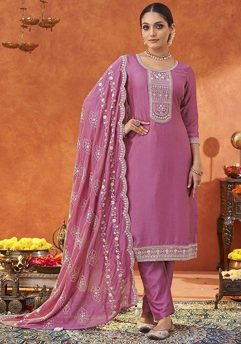 Pink Floral Embroidered Poly Blend Salwar Kameez With Dupatta