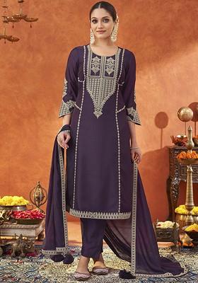 Purple Floral Embroidered Poly Blend Salwar Kameez With Dupatta