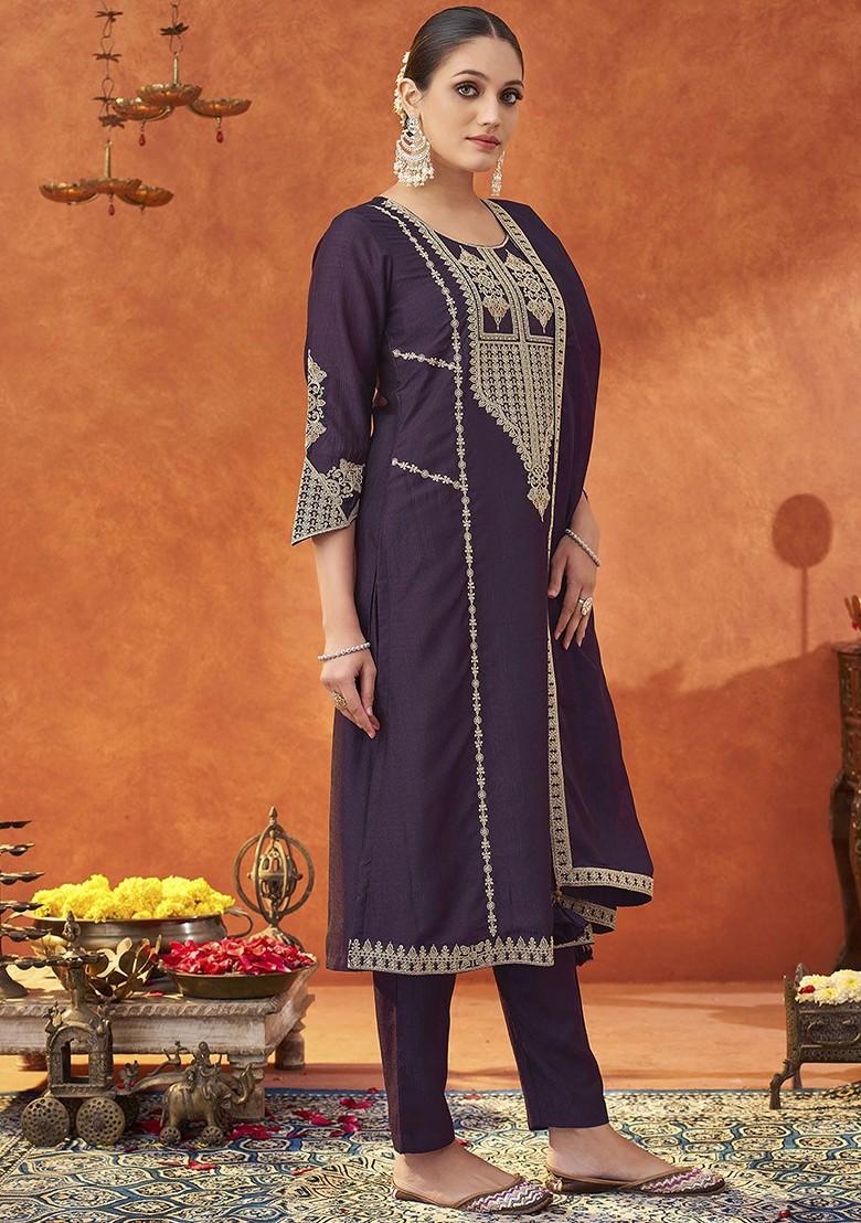 Purple Floral Embroidered Poly Blend Salwar Kameez With Dupatta