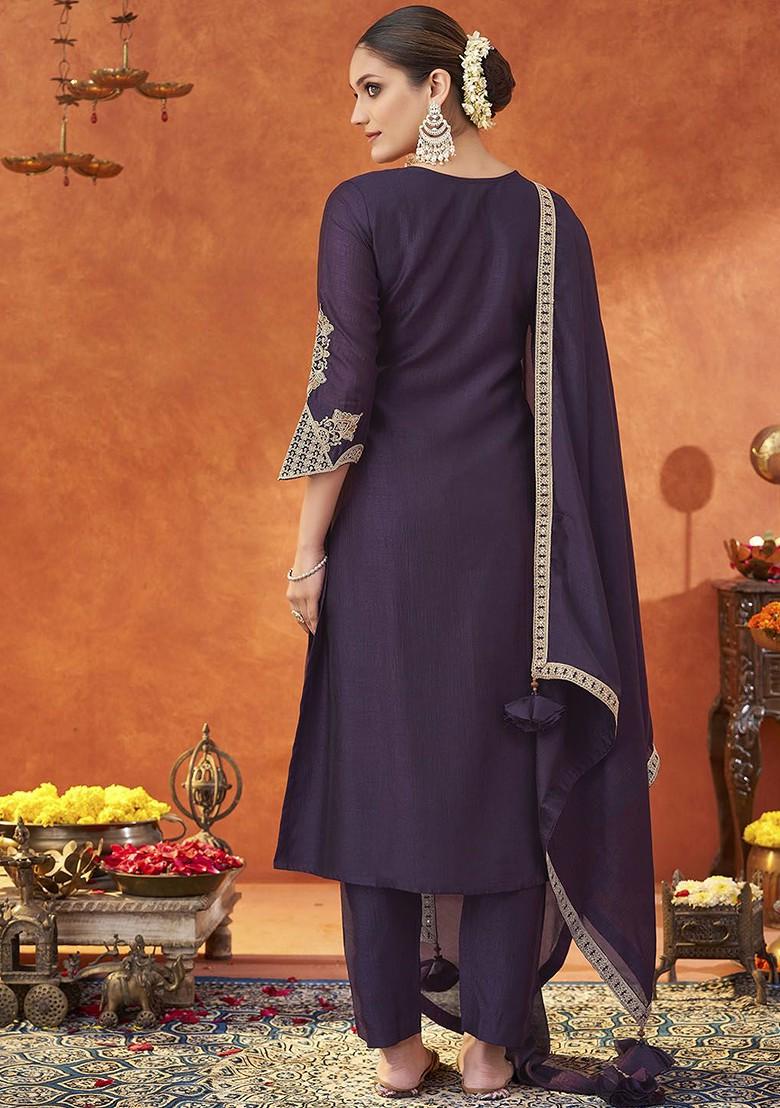 Purple Floral Embroidered Poly Blend Salwar Kameez With Dupatta