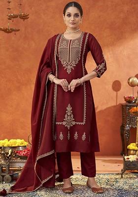 Maroon Floral Embroidered Poly Blend Salwar Kameez With Dupatta