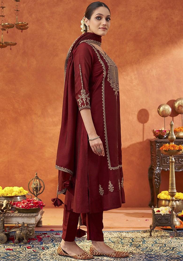 Maroon Floral Embroidered Poly Blend Salwar Kameez With Dupatta